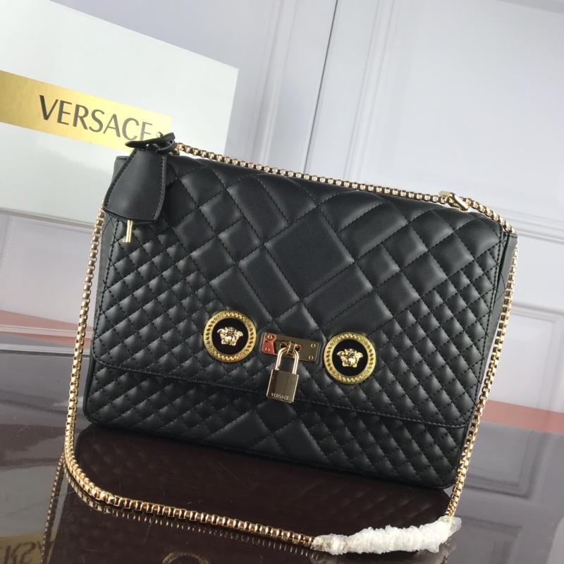 Versace Chain Handbags DBFG477 Full leather black gold buckle